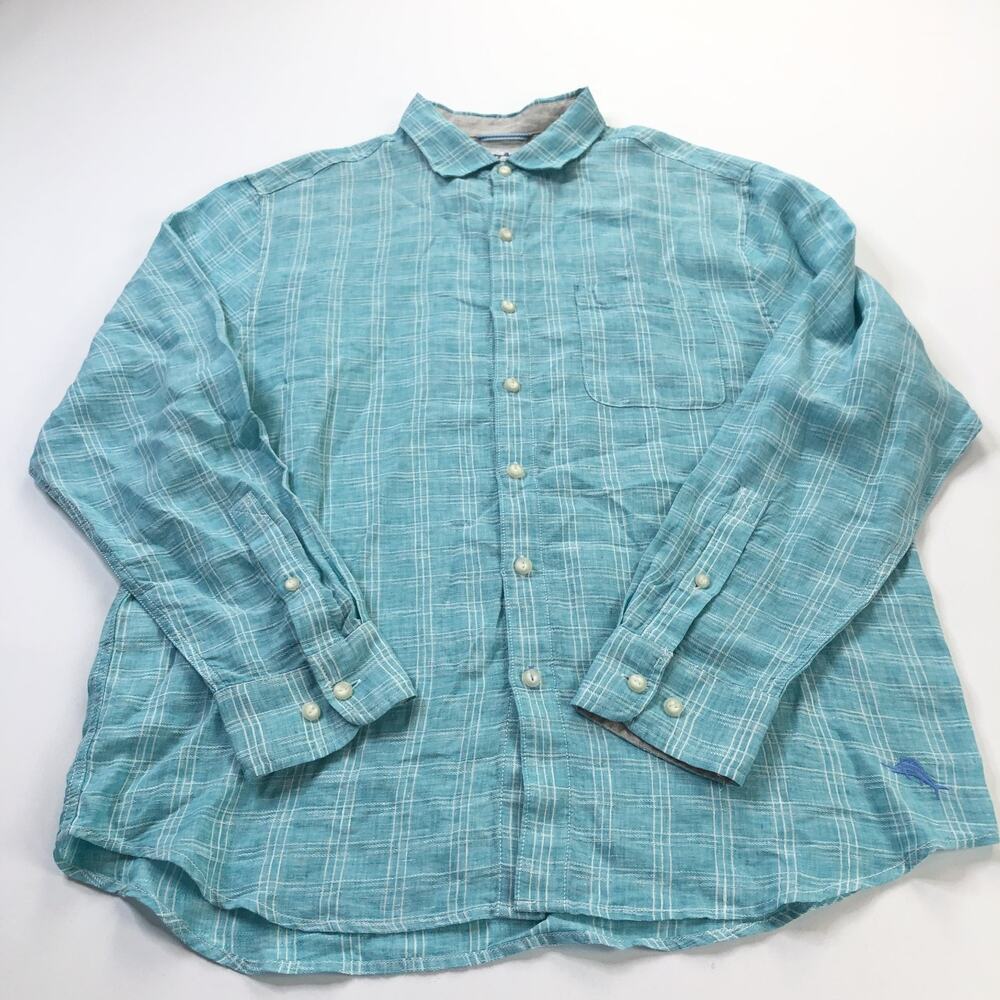 Tommy Bahama Large 100% Linen Button Long Sleeve Plaid Casual Shirt Green